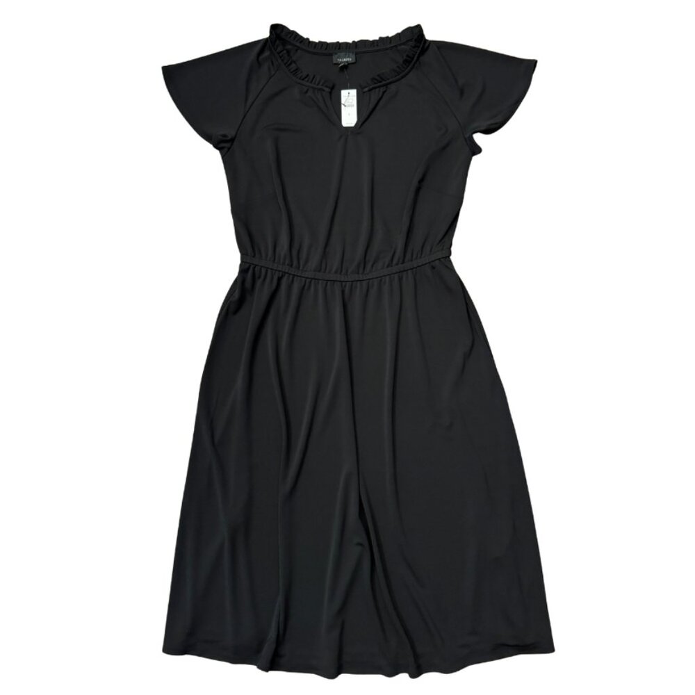 Talbots V-Neck Ruffle Collar Flutter Sleeve Jersey Black Midi Dress Size S NEW